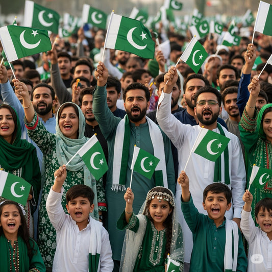 A joyful crowd of Pakistani people of diverse ages, wearing green and white outfits, wave small Pakistani national flags during a 14 August Youm-e-Azadi celebration.