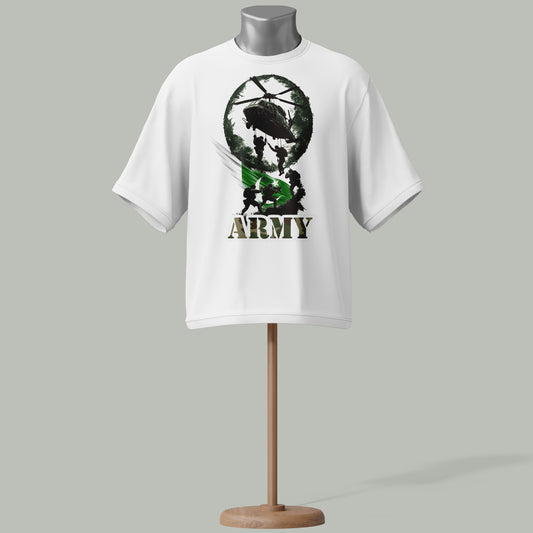 Pakistan Army Brown T-Shirt – Helicopter & Soldier Graphic with Flag