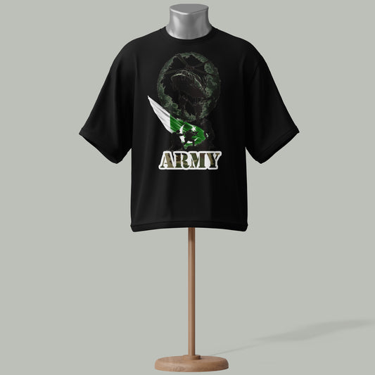 Pakistan Army Brown T-Shirt – Helicopter & Soldier Graphic with Flag