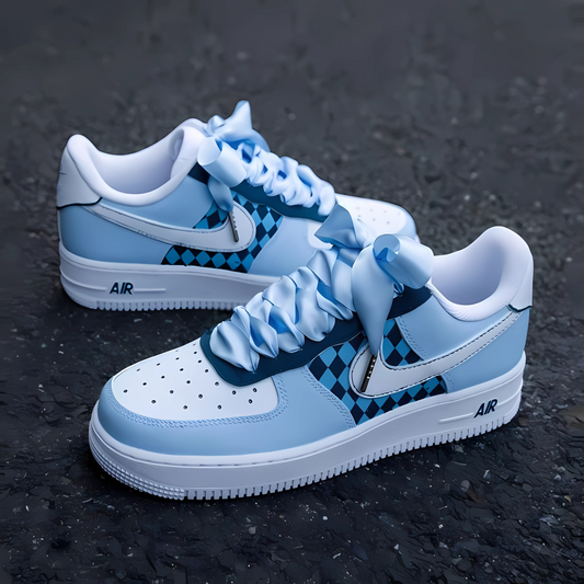 Sky Blue Checkered Custom Sneakers – Elegance Meets Individuality