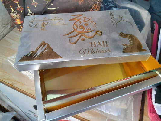 Silver Premium Hajj Tabarruk Gift Box with Matching Hand Bag – 4.5" x 9"