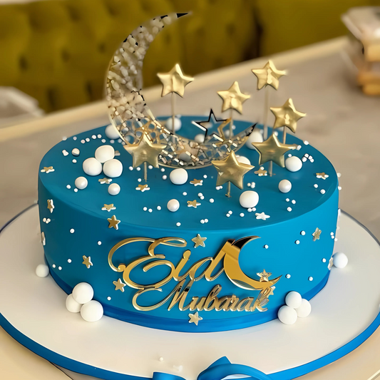 Luxury Eid Mubarak Cake with Crescent & Stars – Elegant Blue & Gold