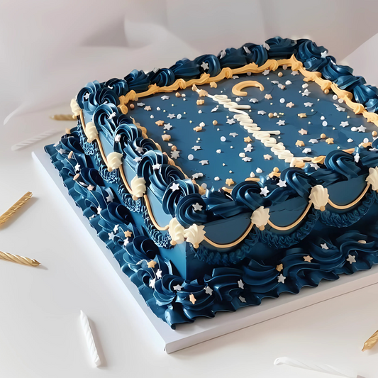 Elegant Navy Blue Eid Celebration Cake – Square Design with Crescent & Stars