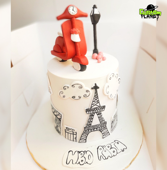 Customized Eiffel Tower Cake with Scooter Design – Add a Personal Touch