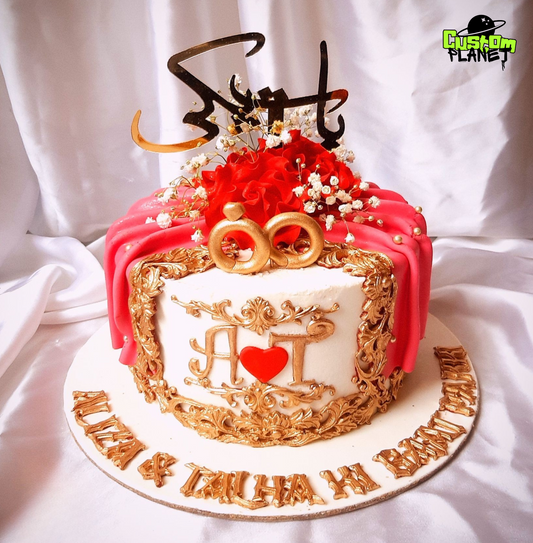 Customized "Baat Pakki" Cake with Couple's Name & Red Flowers