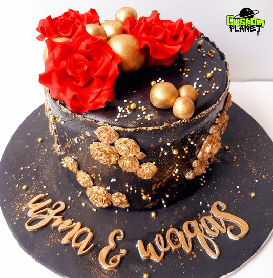 Customized Black and Gold Romantic Cake with Red & Golden Flowers