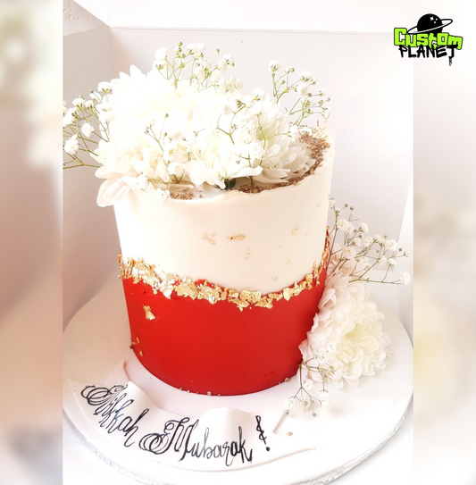Customized Nikkah Mubarak Cake – Elegant Red & White Floral Design