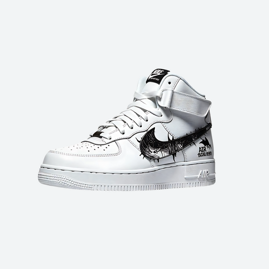White High-Top Sneakers with Black Graphic Accents – Trendy & Comfortable